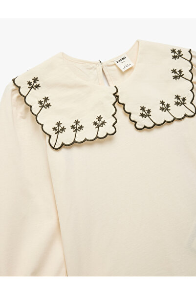 Koton Bavlněné tričko s dlouhým rukávem a detailním vyšívaným límečkem