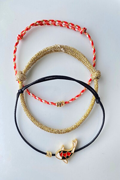 Shepidi 3'lü balık ve gold objeli ip bileklik