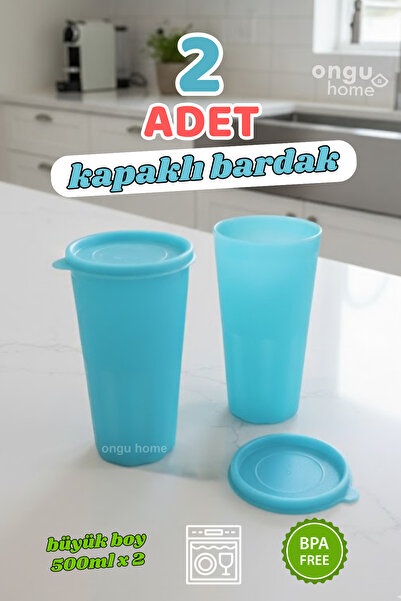 ongu home 2 Adet Kapaklı Yıkanabilir Bardak Plastik Bardak Piknik Bardağı Kam...