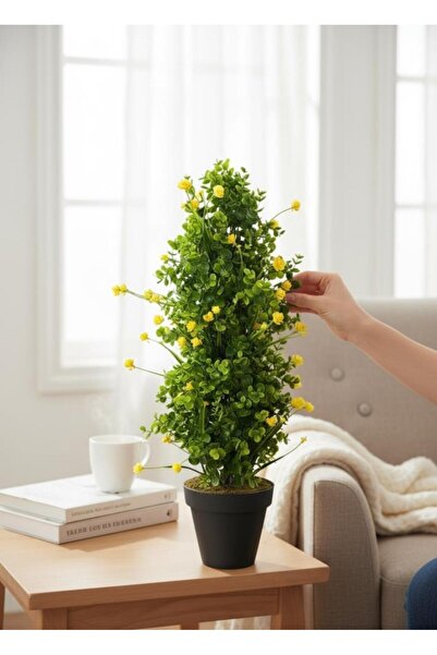 Nettenevime Yapay Çiçek Siyah Saksıda Sarı Lotuslu Yeşil Şimşir Ağacı 70*30cm