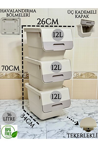 Mulina Home 3'lü Kahve Bej Patateslik Soğanlık & Çok Amaçlı Sepet 36Lt