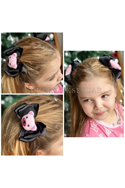 QUEEN AKSESUAR Set de agrafe cu fundă neagră, cu figurină de ursuleț de pluș roz