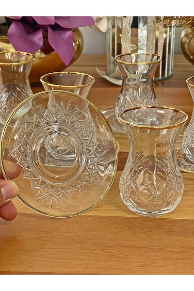 P&ORA PREMIUM KITCHEN PRODUCTS Crystal Timless Gold Gold-Plated (Real) 12-Piece Tea Set for 6 People Tea Set Gift Glass