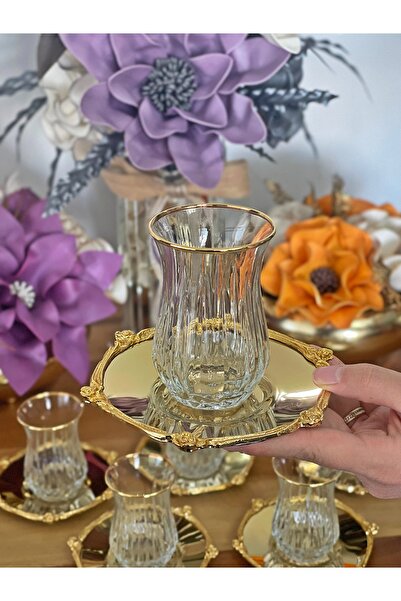 P&ORA PREMIUM KITCHEN PRODUCTS ALTIN METAL TABAKLI ALTIN DETAYLI YALDIZLI BARDAK 12 PARÇA 6 KİŞİLİK ÇAY SETİ ÇAY TAKIMI CAM