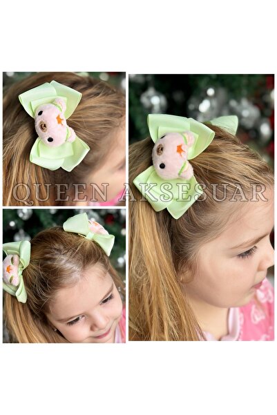 QUEEN AKSESUAR Set de agrafe cu fundă verde decorată cu ursuleț de pluș roz