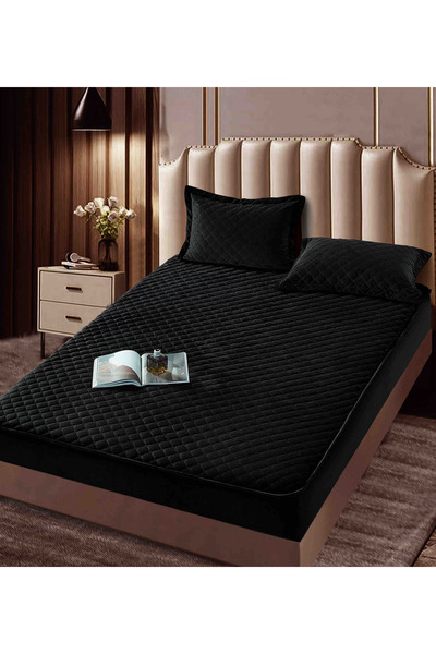 JOJO HOME Velvet Quilted Topper Cover, 180x200, 3 Pieces, Black