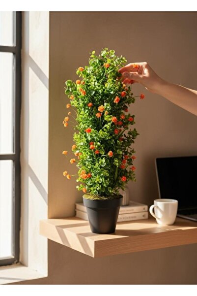 Nettenevime Yapay Çiçek Siyah Saksıda Turuncu Lotuslu Yeşil Şimşir Ağacı 70*30cm