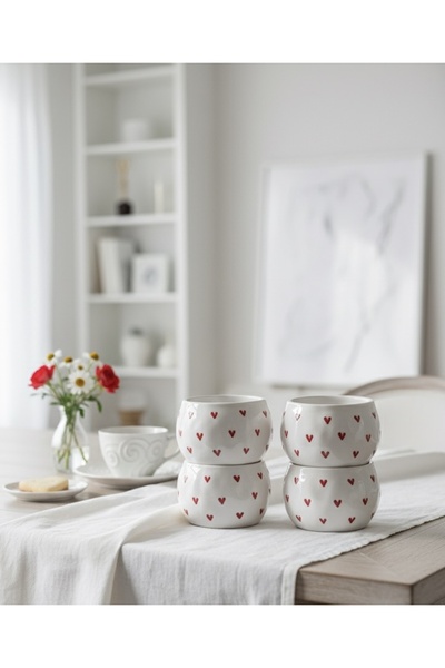 Kotium Ceramics Kabartma Dokulu KALP Desenli Özel Kabartmalı Tamamıyla El Yapımı Seramik 4’LÜ ÇEREZLİK KASE