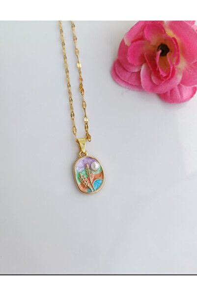 stainless steell قلادة أرجوانية عتيقة بتفاصيل من اللؤلؤ الفولاذي