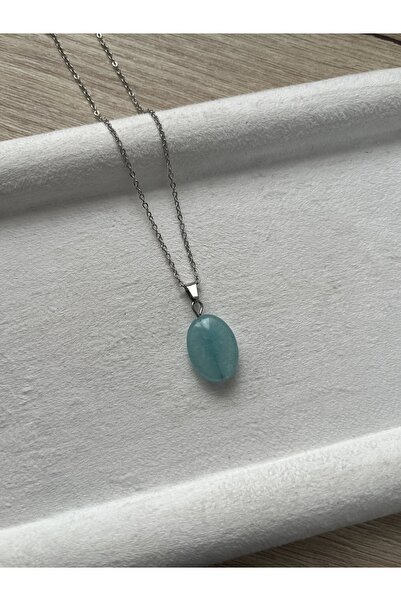 Pel Design Oval Akuamarin Taşı Gümüş Kaplama Kolye El Yapımı