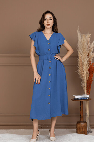 BEYBOS فستان من قماش أيروبين بأزرار مفصلة - أزرق نيلي