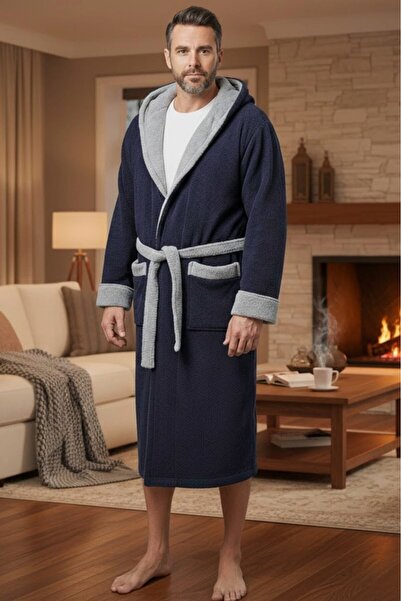 embody Halat de baie bărbătesc Cocolino, moale și pufos, cu buzunare și glugă, gri/albastru