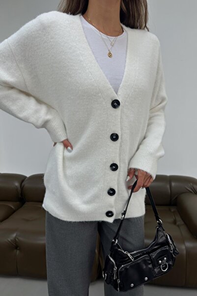 mylove كارديجان كبير الحجم برقبة على شكل حرف V باللون الأبيض