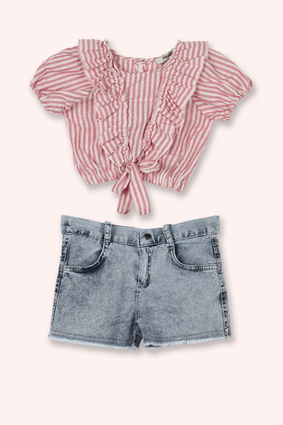 Panço Kız Bebek Önü Büzgülü Şortlu Pembe Takım
