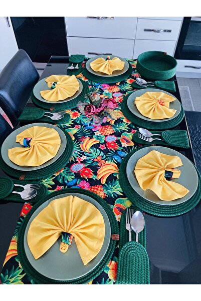 Rengarenkelemekleri Digital Print Duck Linen Runner Napkin Placemat and Cutlery Set with Cutlery Holder (20 Pieces)