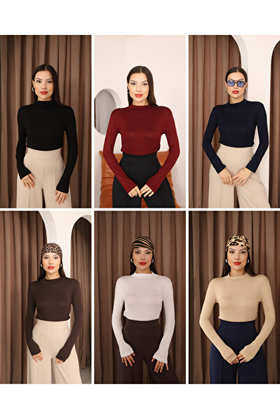 ESL ESLEM 6 Pcs Women's Long Sleeve Stretch Fabric Half Fisherman Combed Cotton Bodysuit
