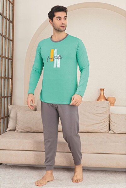 embody Pijama lungă din bumbac pentru bărbați, gri/verde 1200