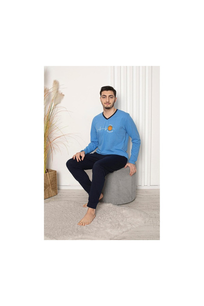 embody Pijama lungă din bumbac pentru bărbați, albastru 502