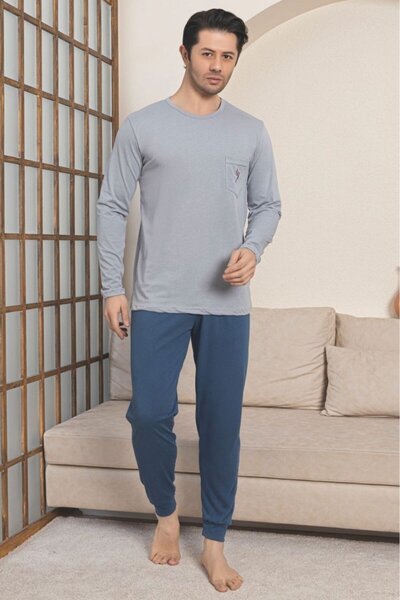 embody Pijamale lungi bărbătești din bumbac, gri, model penye, 1055