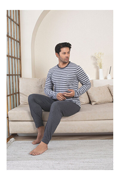 embody Men's striped cotton long pyjamas, grey 3004