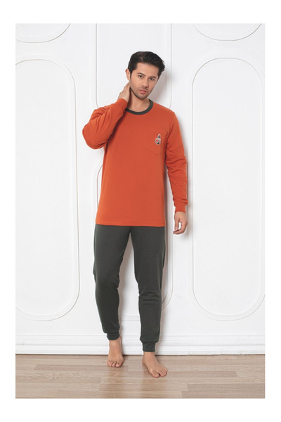 embody Men's cotton interlock long pyjamas, grey/orange 402