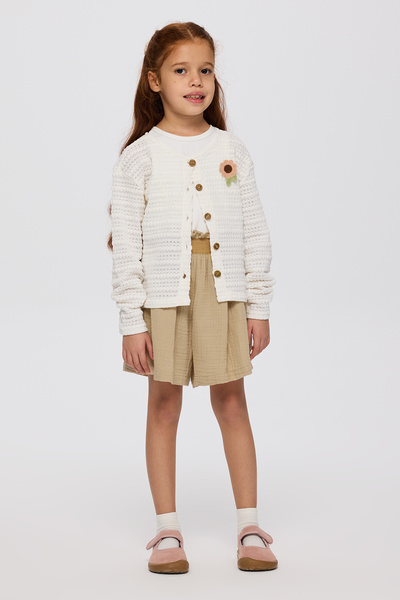 Panço Kız Çocuk Aplike Detaylı Ekru Hırka