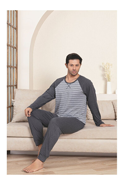 embody Men's striped cotton long pyjamas, grey 3002