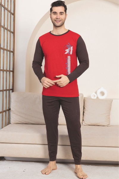embody Set de pijama lung din bumbac pentru bărbați - maro/vișiniu