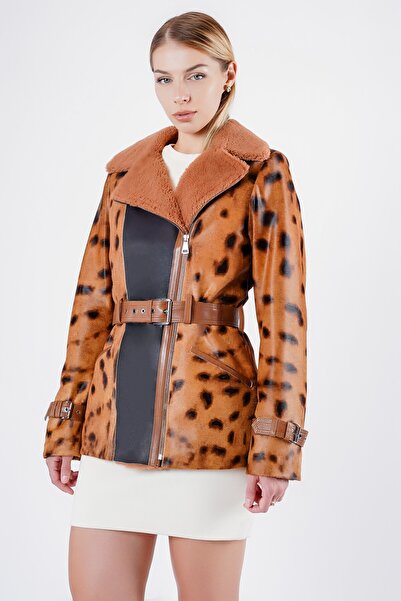 Leather Club Kahve Zebra Desenli Hakiki Kürk Kaban