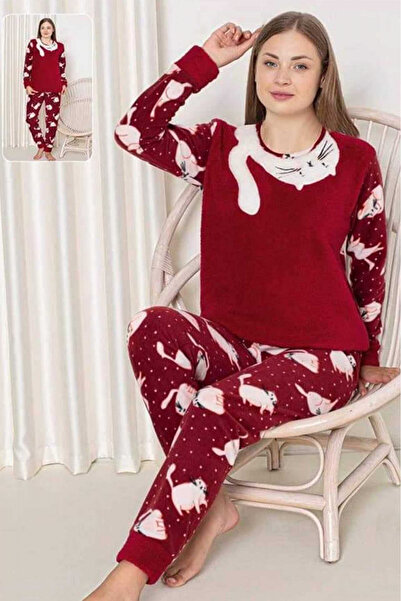 embody Cocolino batal ladies' pyjamas, plus size, fluffy and warm, kitten print, burgundy, 60079