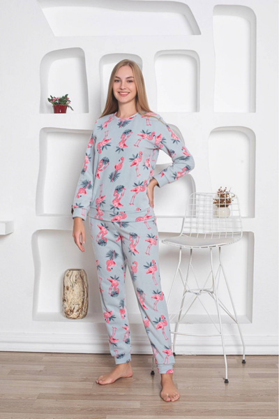 embody Pijamale de damă Cocolino, fleece moale, imprimeu flamingo, verde lăcu...