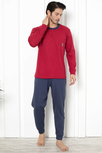 embody Men's cotton interlock pyjamas, plus size, long sleeves and trousers, burgundy/grey 3011