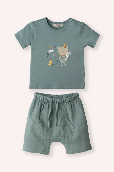 Panço Yenidoğan Baskı Detaylı Müslin Şortlu Mint 2'li Takım
