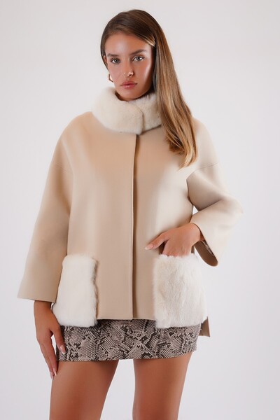 Leather Club Bej Kürk Aksesuarlı Kaşmir Kaban