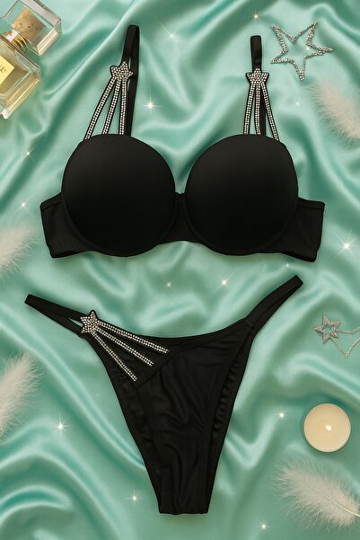 İntive Lingerie Stone Detailed Black Push up Bra Set