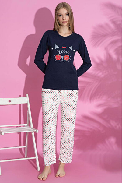 embody Women's cotton pyjamas, Meow print, navy blue 15269