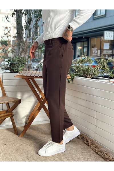 manch collection Kemer Detaylı İtalyan Kesim Kumaş Pantolon kahverengi