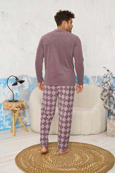 embody Men's cocolino pyjama with pockets, warm and fluffy, California, purple/grey 9608
