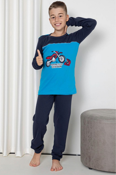 embody Pijamale pentru băieți, bumbac, mâneci lungi și pantaloni, imprimeu cu motociclete, albastru 083