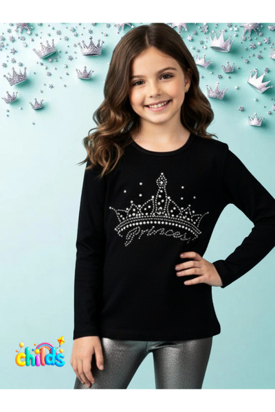 childs Черна блуза с три копчета за момичета с принт от камъни (дебела, нераз...