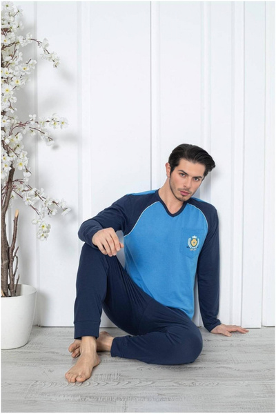 embody Pijamale bărbătești din bumbac, cu mânecă lungă și pantaloni, albastru...
