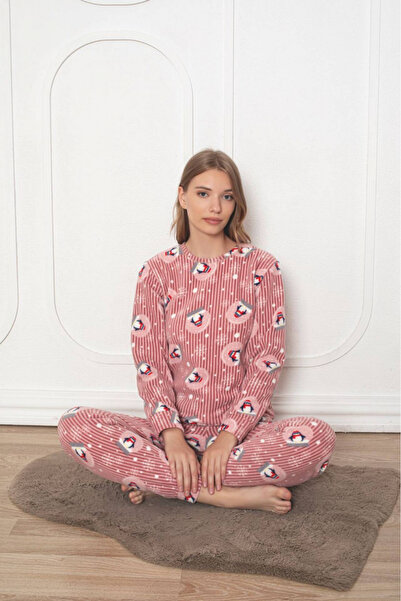 embody Lady's cocolino pyjamas, soft polar fleece, Christmas penguin print, coral 500