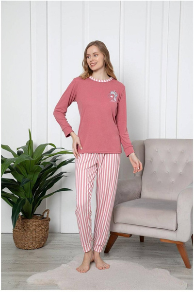 embody Pijamale de damă din bumbac, imprimeu cu inimioare, culoare coral 2054