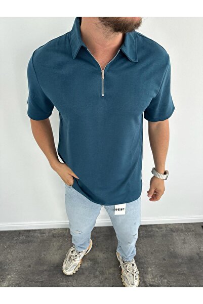 KağanKY تي شيرت بولو أزرق بترولي بسحّاب على الرقبة