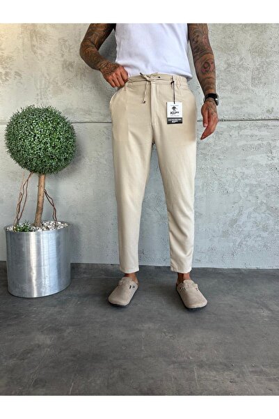 KağanKY Cream Regular Fit Fabric Trousers