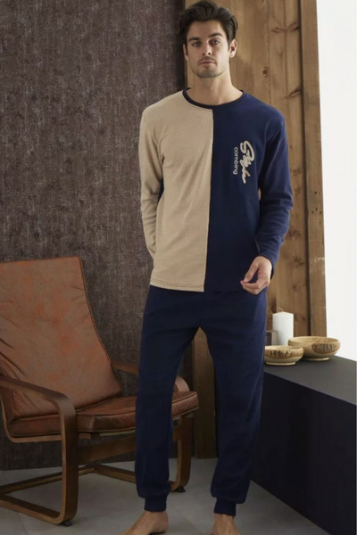 embody Men's thick cotton interlock pyjamas, long sleeves and trousers, black/beige 8728