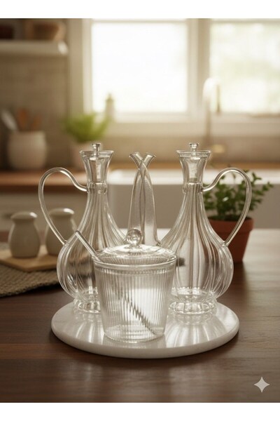 morponi Cam Yağlık ve Tuzluk Seti – Mermer Altlıklı Şık Sunum 3'lü Set Glorry Çizgili Tasarım