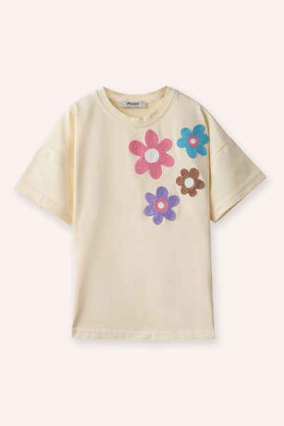 Panço Kız Çocuk Çiçek Detaylı Ekru 2'li Takım