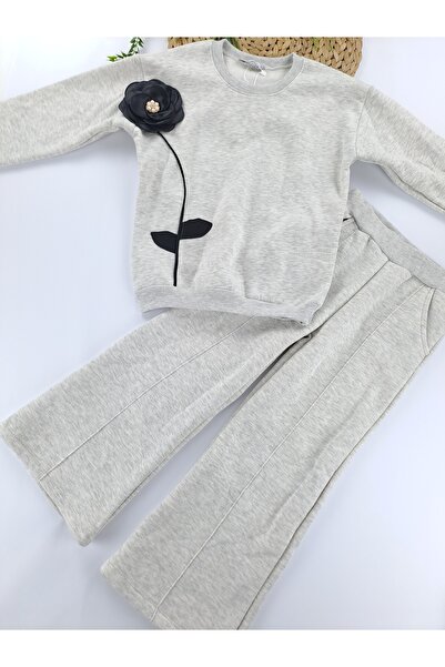 Butik Girl's Tracksuit Set 3 Thread Count Fleece-Lined Thick Winter Fleece Lined Loose Leg Palazzo with Rose Detail
