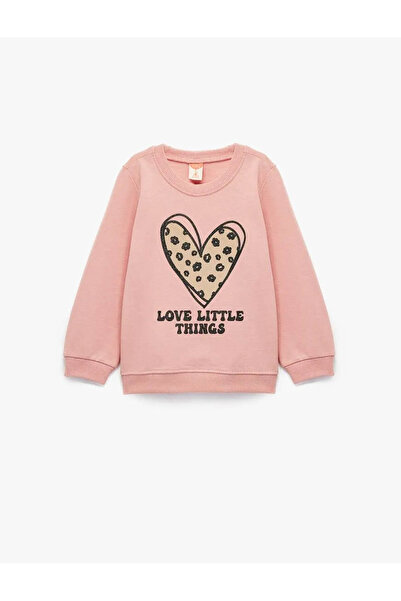 Koton Pamuklu Uzun Kollu Bisiklet Yaka Kalp Baskılı Pembe Kız Bebek Sweatshirt 6Wmg10066Ak